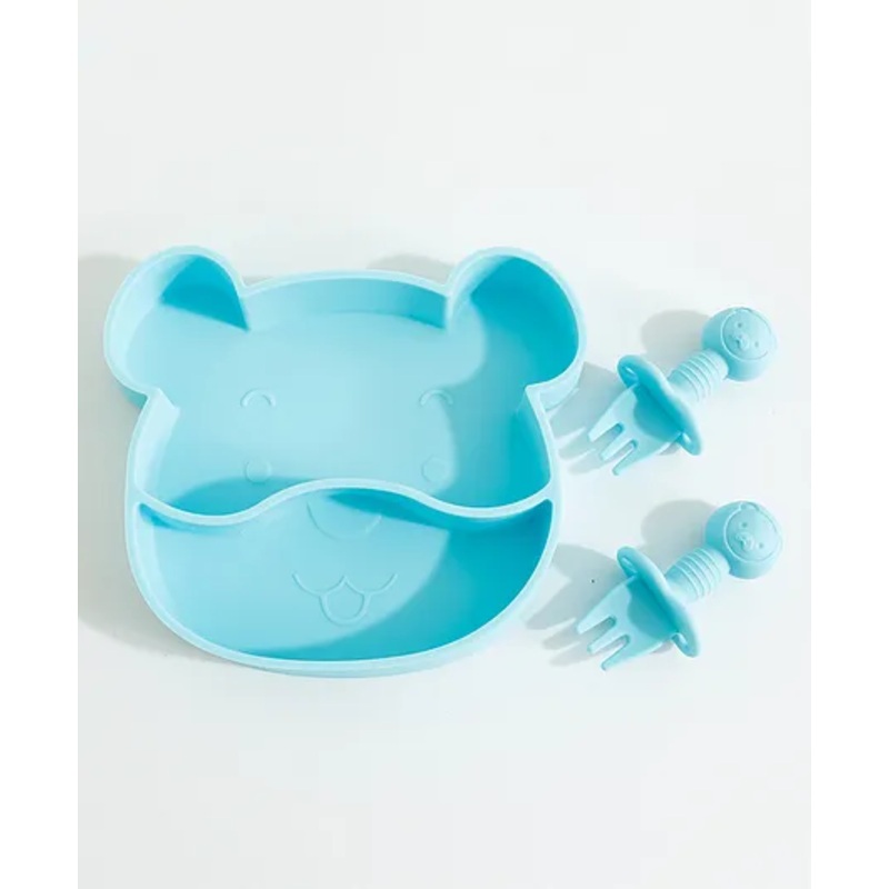 Teddy Bear Shaped Section Plate with Spoon & Fork –  Blue