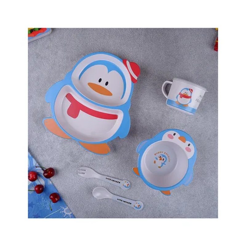 The Bamboo Co Paddy- The Penguin Bamboo Kids Dinner Set of 5- Blue