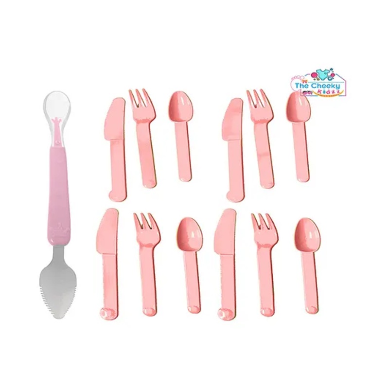 The Cheeky Kidzz Baby Double Head Silicone Spoon Bendable Steel Scraper With 12 Pieces Spoon Fork Knife Set For Babies BPA Free(PINK)