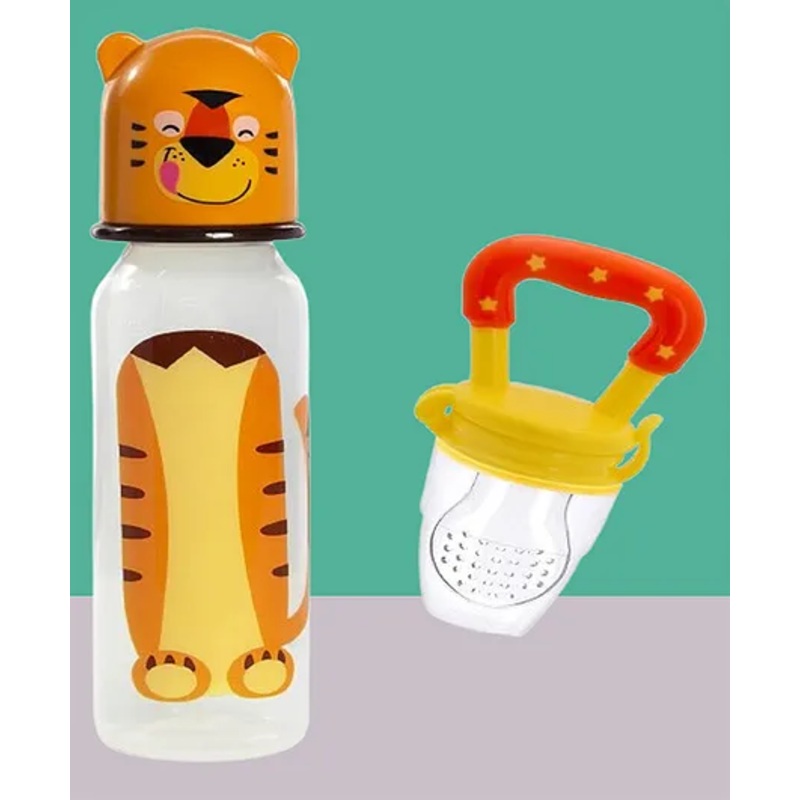 The Cheeky Kidzz Baby Star Silicone Soother Fruit Vegetable Food Rattle Nibbler Teething Teether with Feeder 250ml Bottle (YELLOW)