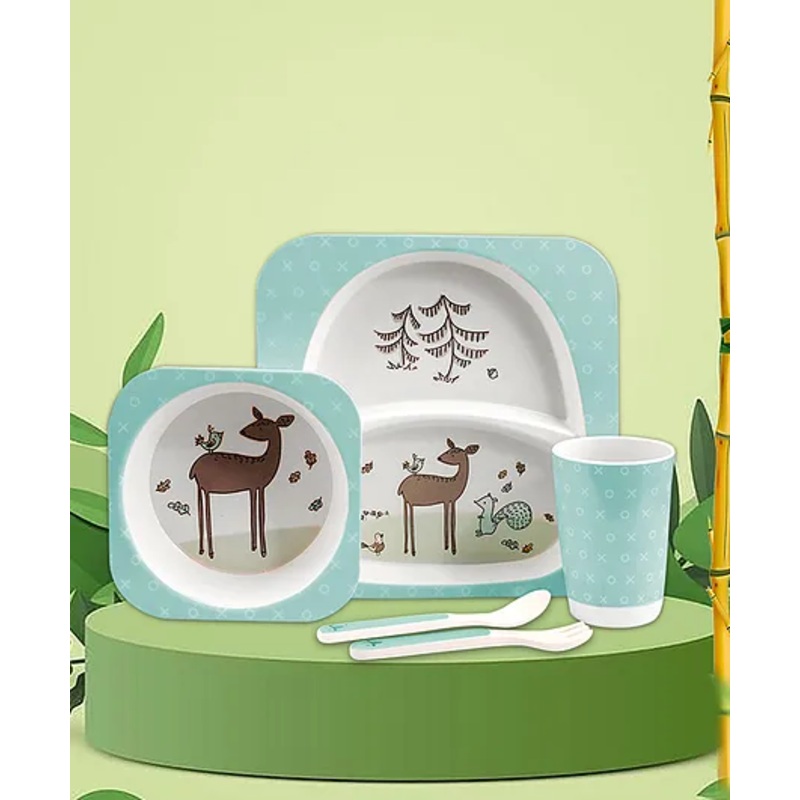 Tony Stark Bamboo Baby Feeding Set – 5-Piece Tableware for Toddlers, Kids & Babies Includes Plate, Bowl, Cup, Spoon, Fork – BPA-Free, Eco-Friendly |Organic & Natural (Deer)