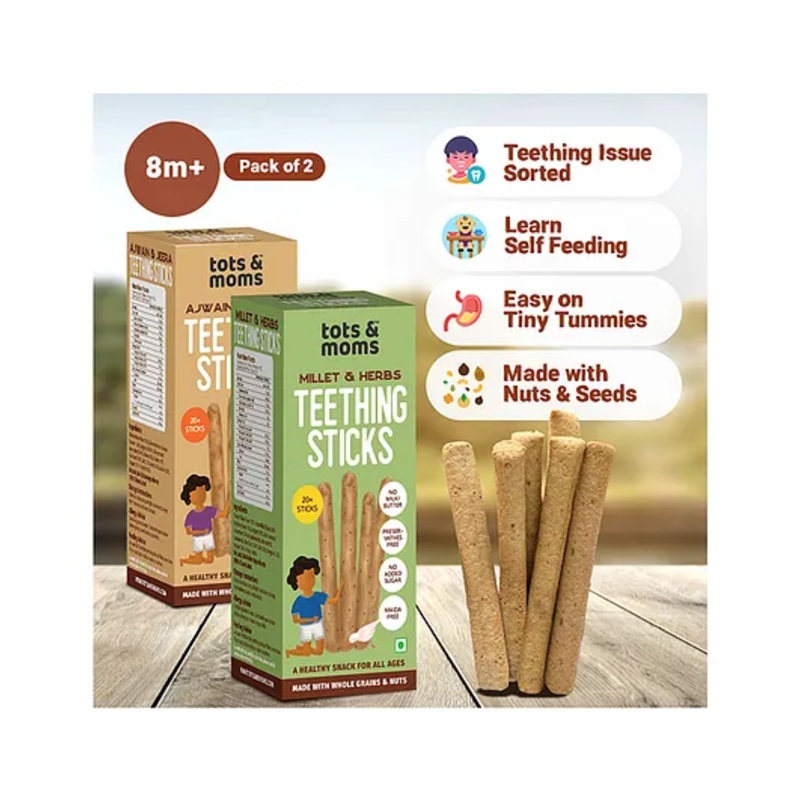 Tots and Moms Teething Sticks made with Jaggery for babies, 12Months+ | Ajwain & Jeera, Millet & Herbs | No Maida, No Sugar, No Preservatives | Nourishing Teething Treat | Pack of 2-150g each