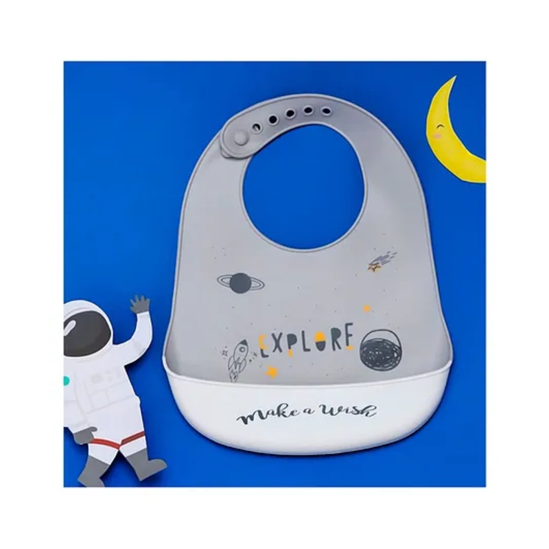 Yellow Bee Silicone Space Theme Bib with Crumb Catcher and Adjustable Closure for Boys – Grey