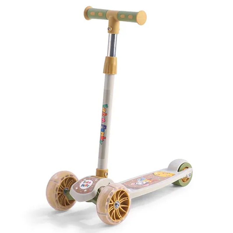 3 Wheel Foldable Kids Scooter with LED Lights and 4 Level Adjustable Handle Bar – Beige & Grey| Compact Fold| Lean-to-Steer| Toy for 3 to 14 year Boys and Girls| Sport Gift