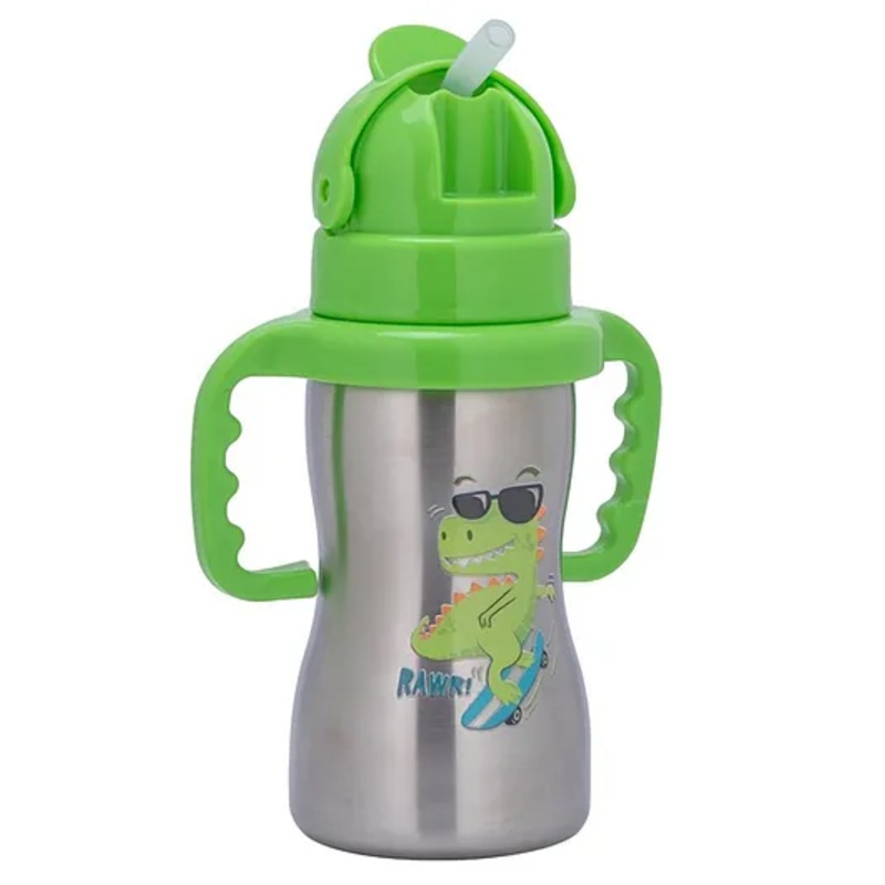 Adore Gracious! Stainless Steel Straw Sipper with Twin Handle 290ml- Green Dino