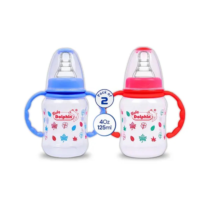 Baby Dolphin Anti-Colic Plastic Feeding Bottle with Handle | Pack of 2 | Liquid Silicone Nipple | BPA Free | Baby Feeder | Baby Milk Bottle | 125ml+125ml | Blue & Red.