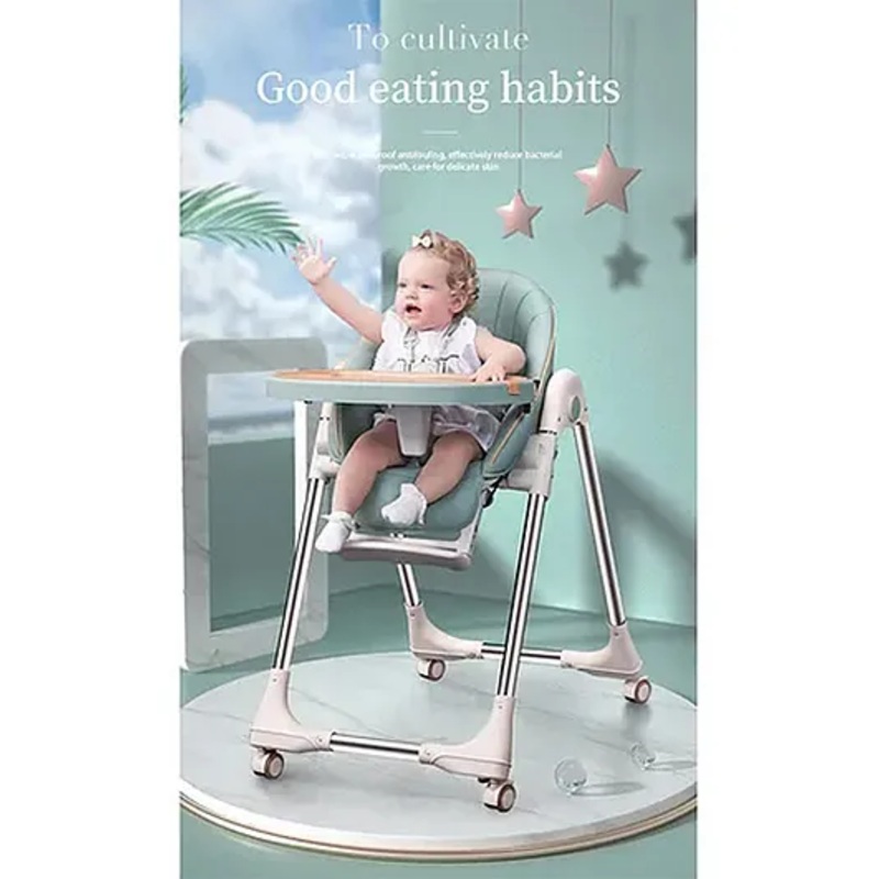 Babyhug Multifunctional Portable High Chair with 5 Level Height Adjustment – Green| Compact Fold| Removable Wheels with Lock| Removable Double Food Tray| Cushion Seat