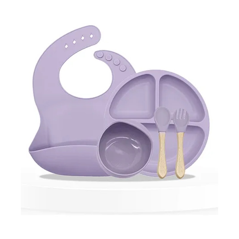Bembika Baby Dinner Set Silicone Tableware Set With Bib For Baby Infant Pack Of 5 – Purple