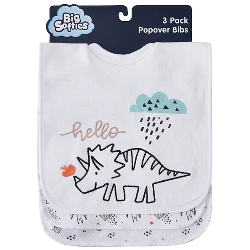 Big Softies Popover Bibs Printed & Applique Embroidery Soft Stretchable Rib Neck Blended Cotton Ultra Soft & Super Absorbent For Drooling, Teething & Feeding For unisex 6-36 Months Pack of 3-Dino