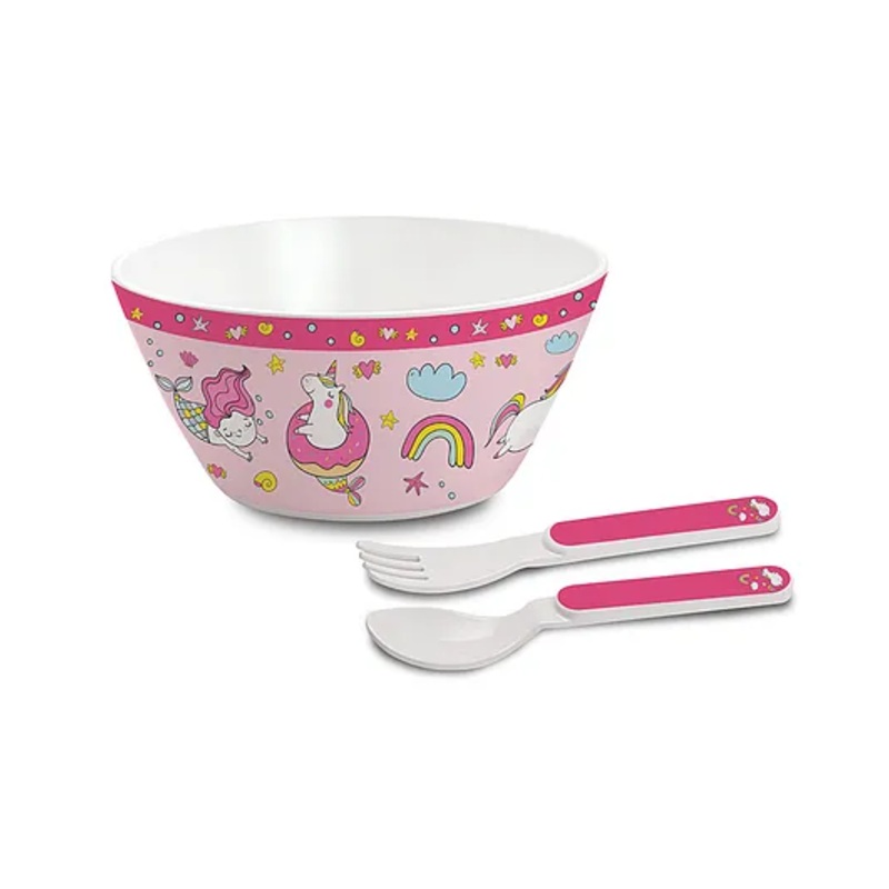 Cello Kidzbee Cone Bowl with Spoon and Fork Unicorn Print – Pink