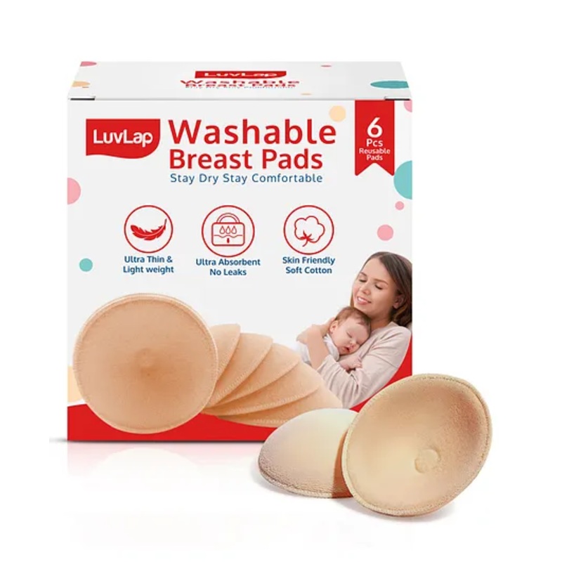 LuvLap Washable Maternity Nursing Breast Pads, 6 Pcs, Reusable, Leak-Proof, Brown