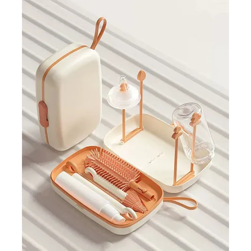 Multipurpose Bottle & Nipple Cleaning Brush Set Along With Bottle Drying Rack – Coffee Colour