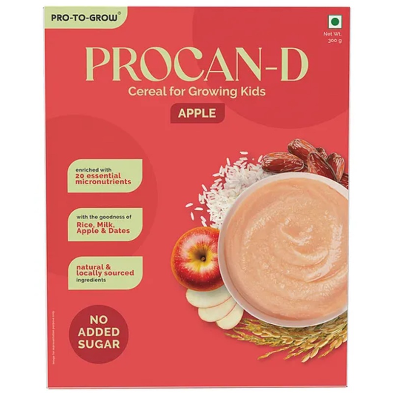 Pro To Grow PROCAN-D Apple Cereal 300g for Growing Kids | Enriched with Rice, Milk, Apple & Dates | No Added Sugar with 20 Micronutrients | Gluten-Free Formula for Wholesome Nutrition