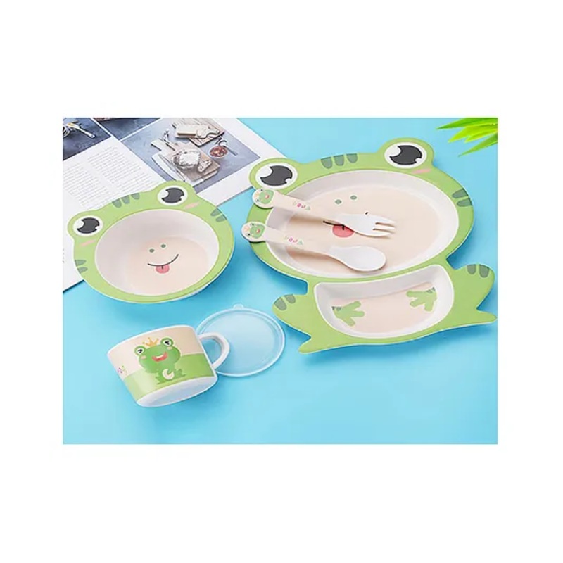 SANISHTH Cartoon Animal Frog Bamboo Fiber Dinnerware Plate and Bowl Set Set of 5 – Green