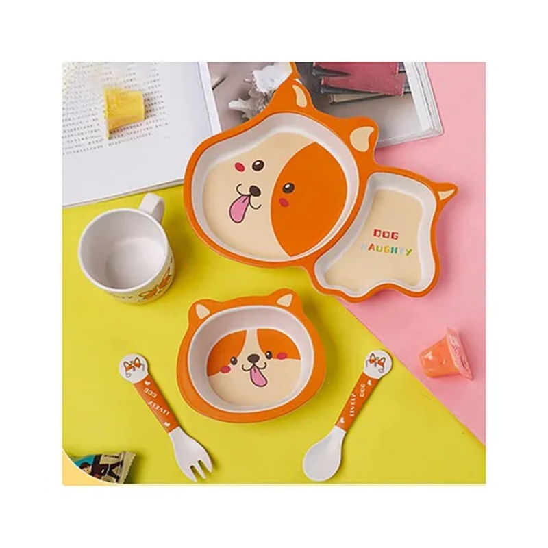 SCHOOLISH DOG  Design 5 Pieces Set Bamboo Kids Dinnerware Set  Children Dishes  Food Plate Bowl Mug Spoon Fork Set Dishware Cartoon Tableware Dishwasher Safe Kids Healthy Mealtime BPA Free Pack of 1 (Color May Vary)