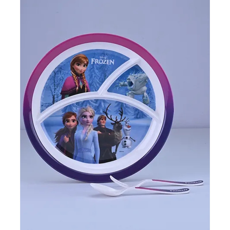 Servewell 3 Partition Plate with Spoon and Fork Frozen Theme-  multicolour (Color and design may vary)