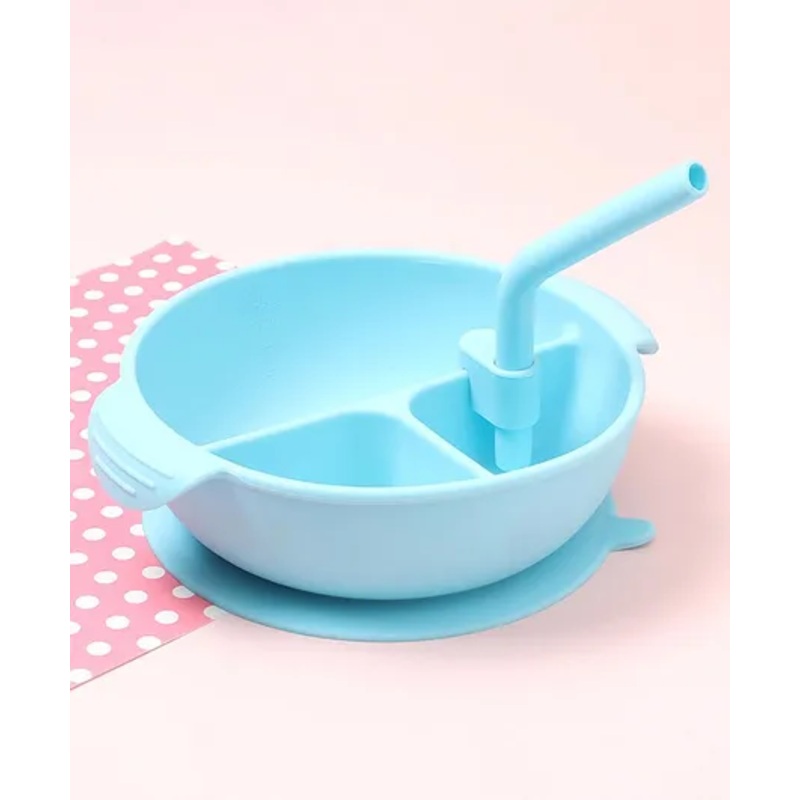 Silicone Three Compartmented Bowl With Detachable Straw – Blue