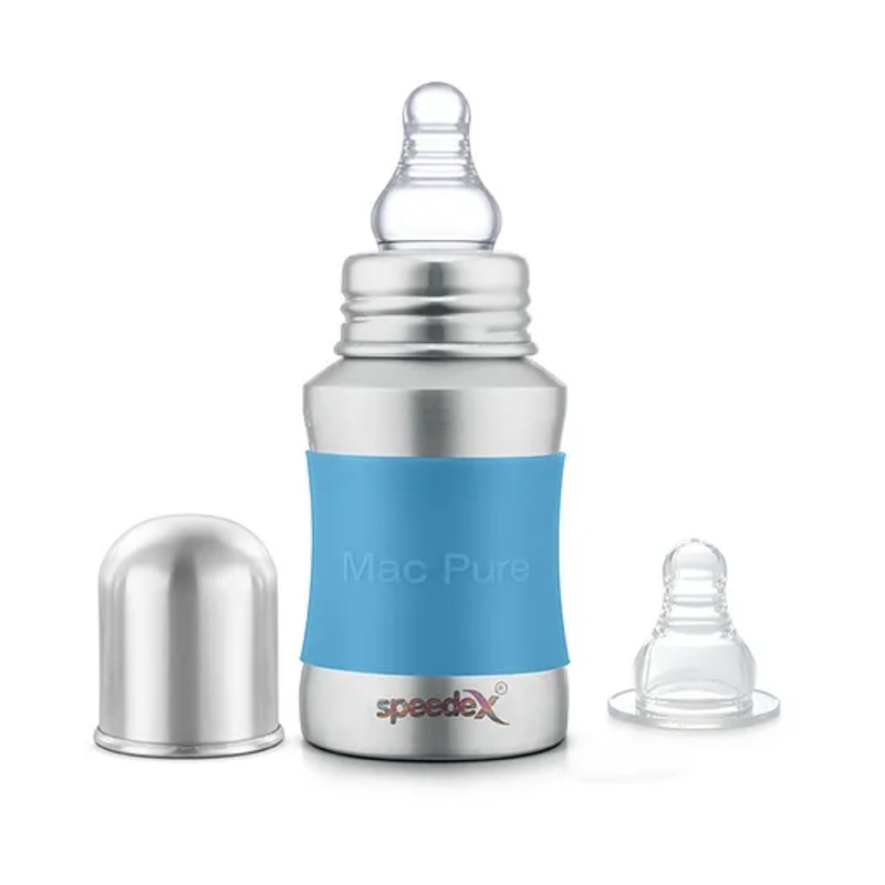 Speedex Stainless Steel Baby Feeding Bottle  150ml | Blue | Internal ML Marking | Silicone Stopper & Grip | 1 Extra Nipple Included