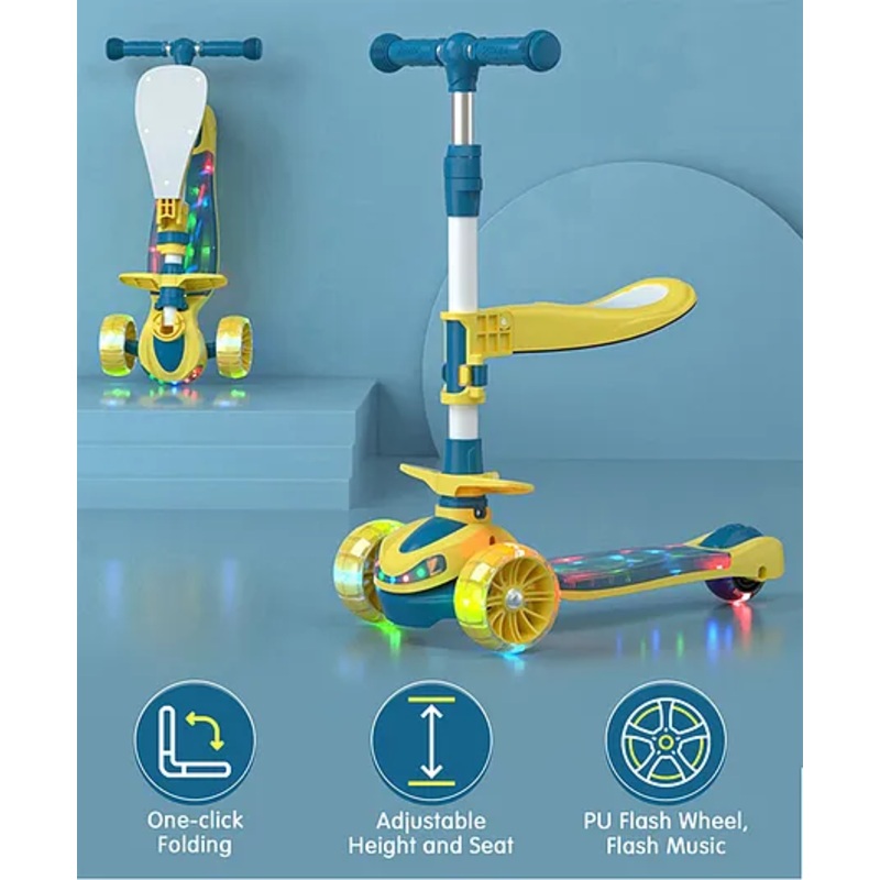 Stand And Cruise 3 Wheel Kids Scooter With Adjustable Height Removable Seat With LED Deck And Wheels – Green & Yellow| Compact Fold| Lean-to-Steer| Toy for 3 to 12 year Boys and Girls| Gifting Option