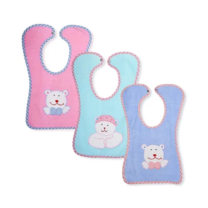 The Little Lookers Baby Bib Bear Embroidered Pack of 3 – Green Blue Pink