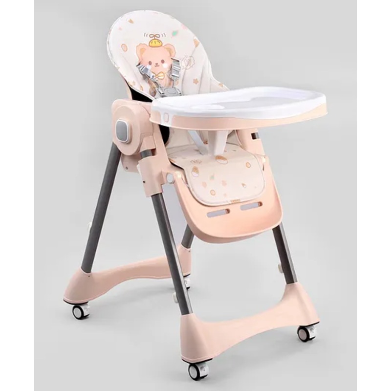Travel Luxury Multi Function Folding Adjustable High Chair – Pink| Removable Cushion| Height Adjustable| Safety Harness| Removable Double Food Tray| Wheels with Lock