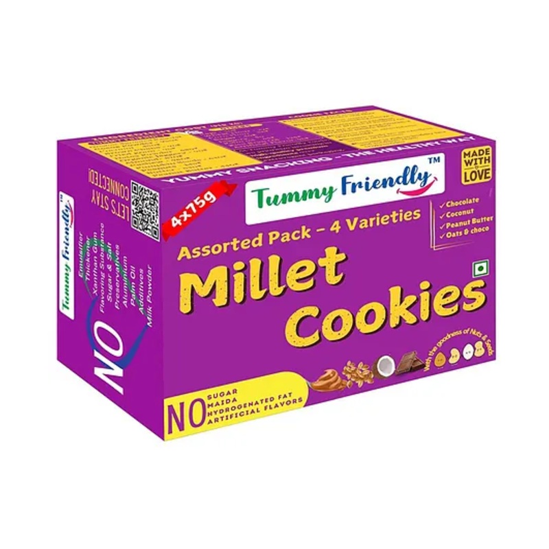 Tummy Friendly Foods Millet Cookies – Assorted Pack of 4 – 75g each. Healthy Biscuits made of Ragi, Jaggery for baby, kids and adults. Nutricious snacks for kids for school