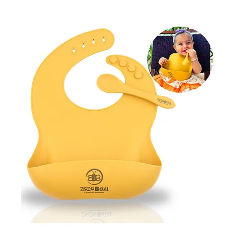 ZoZoBaa Silicone Baby Bib with Easy Grip Spoon For Feeding Toddlers|Waterproof & Reusable Bib with button for Infants |Soft, Light Weight, BPA Free, 2 Set, Mango Yellow