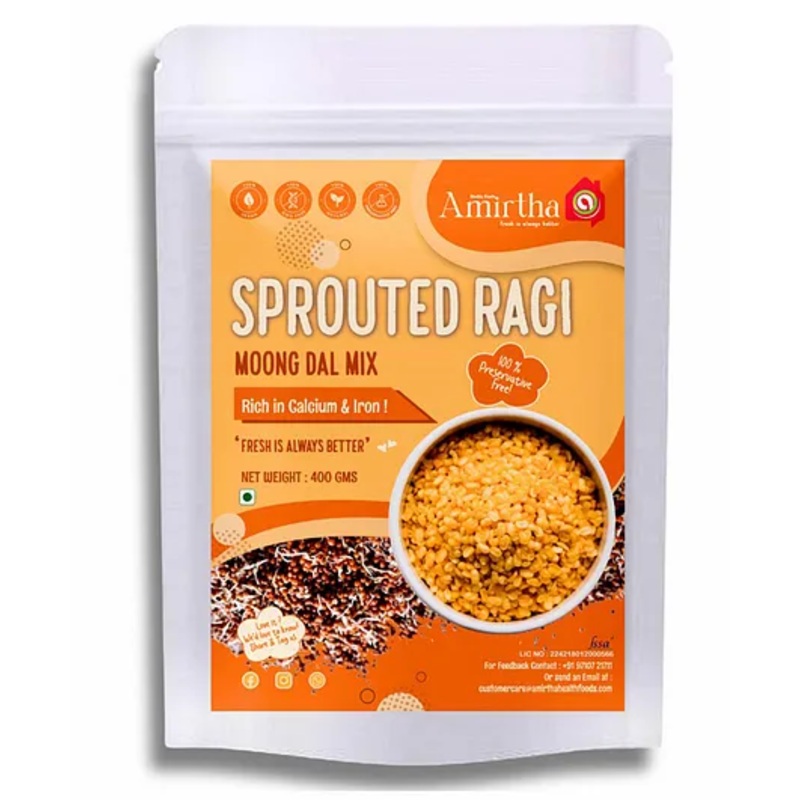 Amirtha Health Foods – Sprouted Ragi Moong Dal Mix – 400g | Protein & Calcium | Non-Instant mix | Porridge, Puttu, Dosa, Rotis