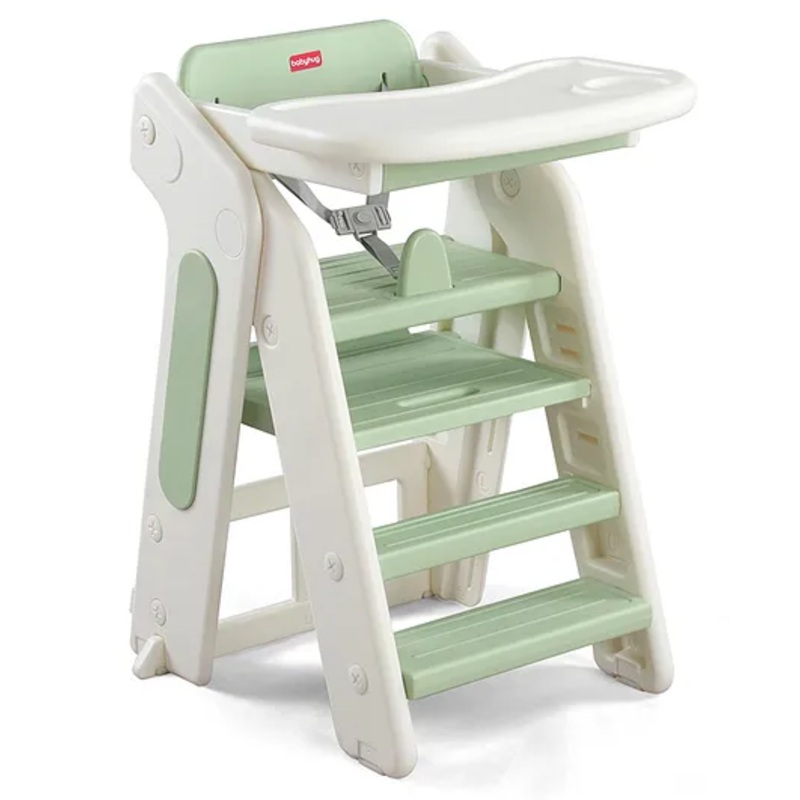 Babyhug Convertible High Chair and Foldable Standing Stool – Green| Dining Chair| Adjustable Height| Removable Food Tray| Safety Fence| Step Stool| Tool Free Assembly