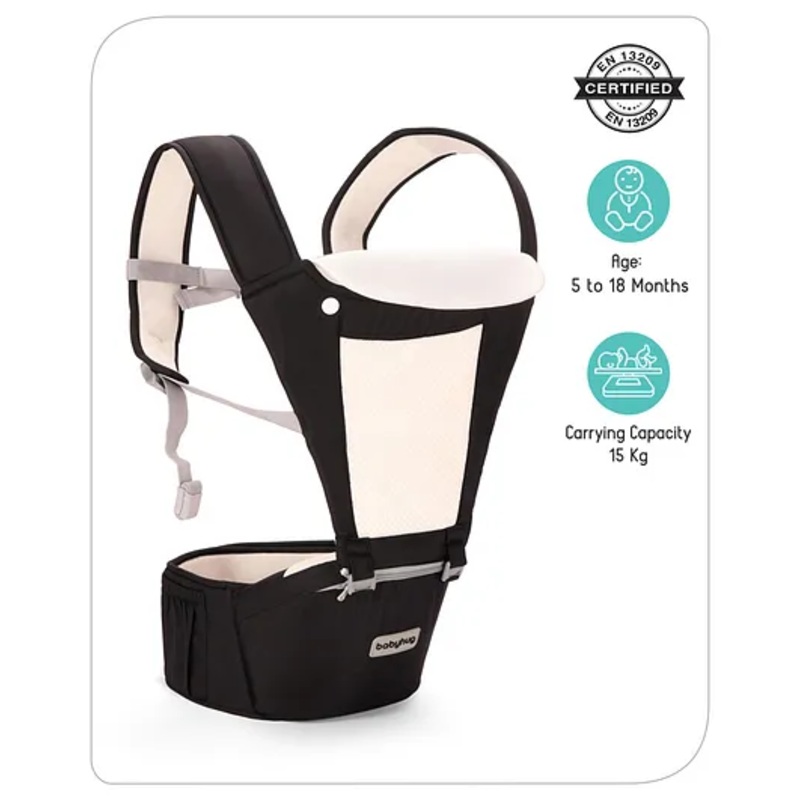 Babyhug Imperial 5-in-1 Baby Carrier with Hip Seat: Front, back & hip carrying positions, Adjustable head support, Padded straps, Breathable fabric, Pressure-relieving waist belt, Side storage pockets, Supports up to 15kg- Black