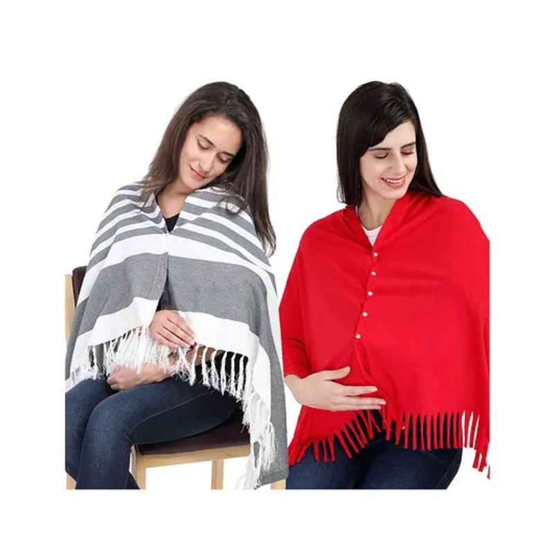Lulamom Multi-Purpose Breast Feeding Nursing Shawl – Pack of 2 (Navy stripes & Red solid)