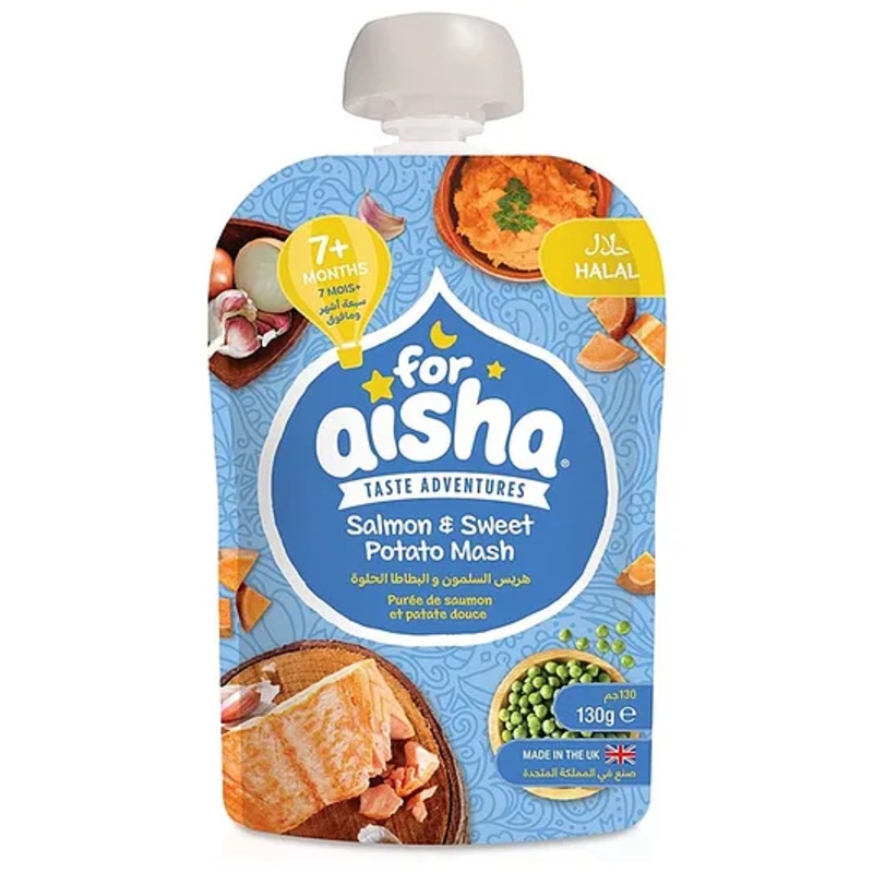 Organix For Aisha Baby Food Pouch, Salmon & Sweet Potato Mash with Garden Peas (7m+) – 130g