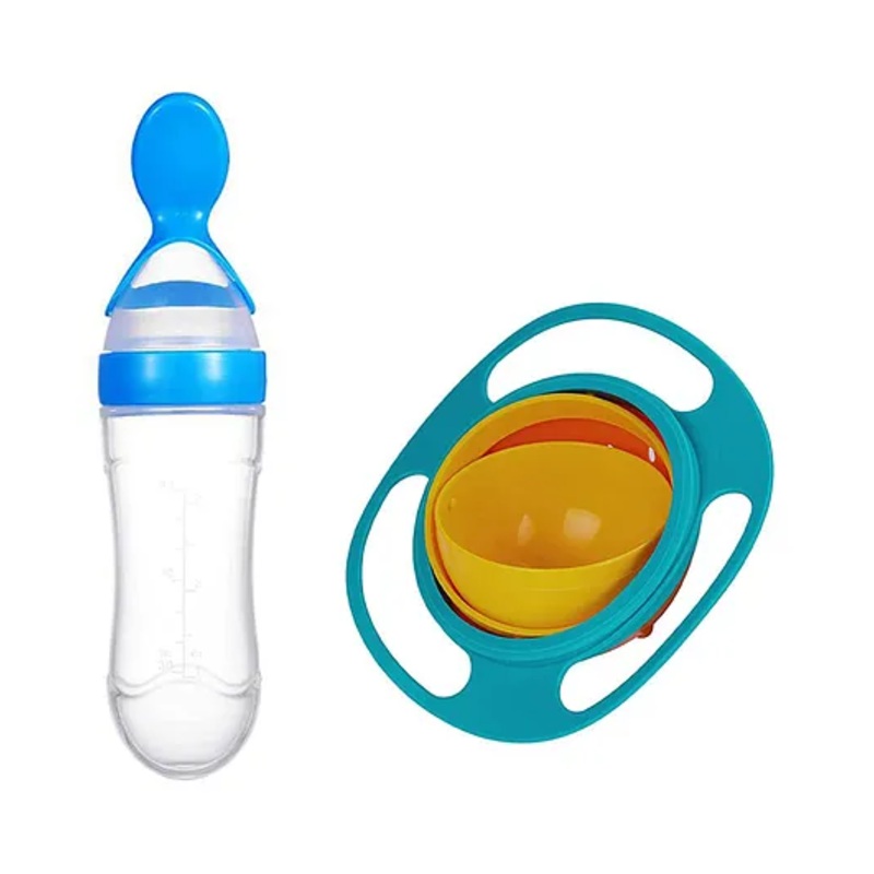 Safe O Kid Baby Feeding 360 Degree Rotation Gyro Bowl Squeezy Spoon – Blue