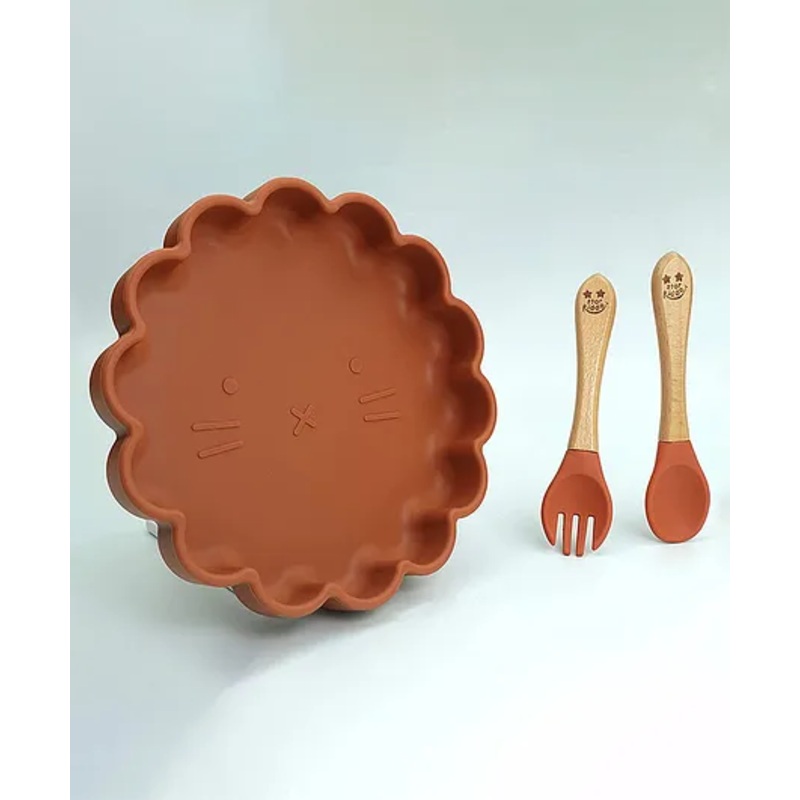 Starkiddo Simba The Lion Cub Silicone Grip Plate Baby Plate Dish With Trainer Fork & Spoon Set For Kids and Baby Led Weaning – Brown