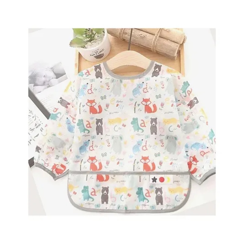 Thread Fairy Full Sleeves Washable Waterproof Baby Feeding Baby Bib Shirt with Pocket – White