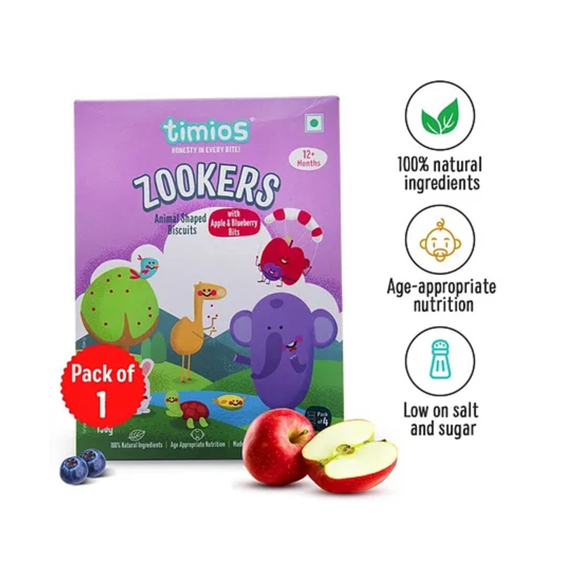 timios Zookers Nutritious Maida Free Animal Shaped Biscuits With Apple & Blueberry Bits – 150 g