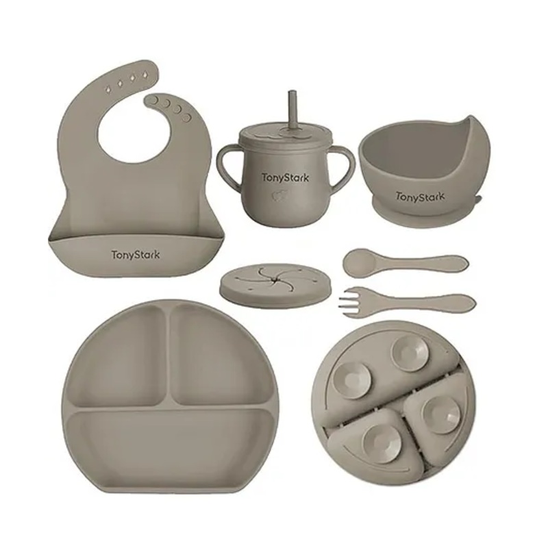 TONY STARK 6 Pcs Silicone Baby Feeding Set, BPA Free & Microwave Safe Dinner Tableware Kit – Feeding Bowl, Suction Plate, Cup, Spoon, Fork & Bib for Kids, Toddler (Grey)
