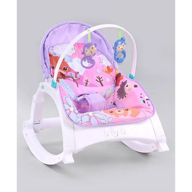 2 in 1 Baby  Rocker Cum Reclining Chair with Removable Food Tray Squirrel Print – Pink & White