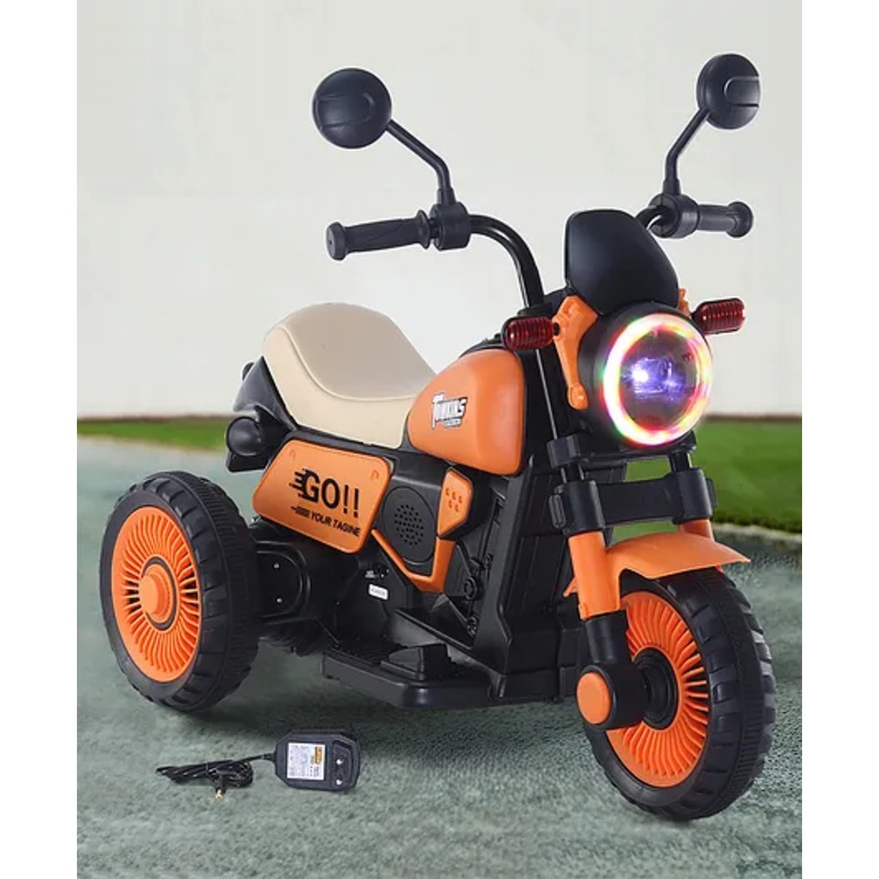 Baby Harley Three Wheel Battery Operated Ride on Bike with Music & Lights| Pre-loaded Music with USB & AUX| Easy to Assemble| Comfortable Seat| Easy to Operate – Orange