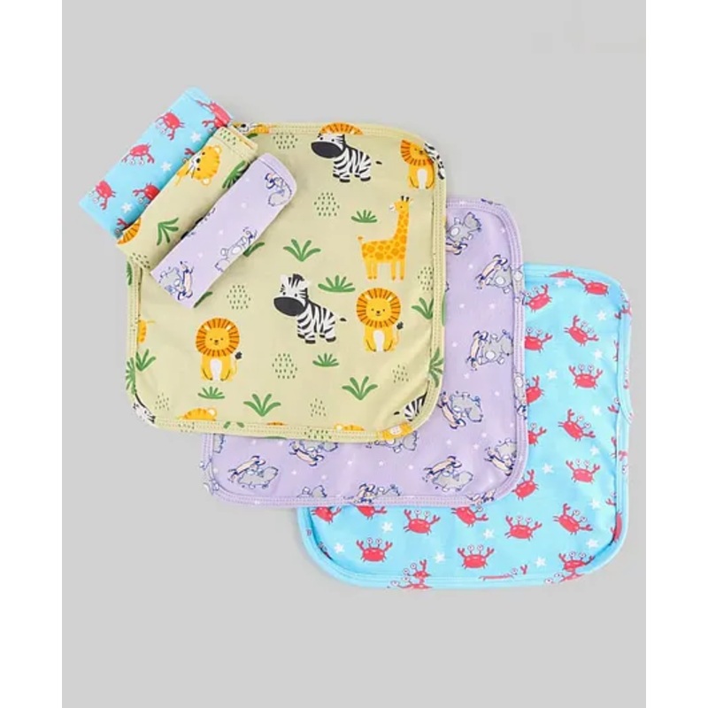 Babyhug Cotton Knit Wash Cloth with Animal & Sea Life Print Pack of 6 – Yellow Lilac & Light Blue