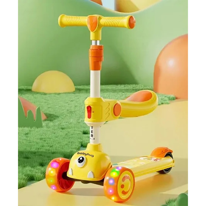 Babyhug Leo 3 Wheel Kids Kick Scooter with Foldable Seat with LED Wheels & Wide Deck with 3 Level Adjustable Handlebar – Yellow| Lean-to-Steer| Toy for 3 to 12 year Boys and Girls| Gifting Option