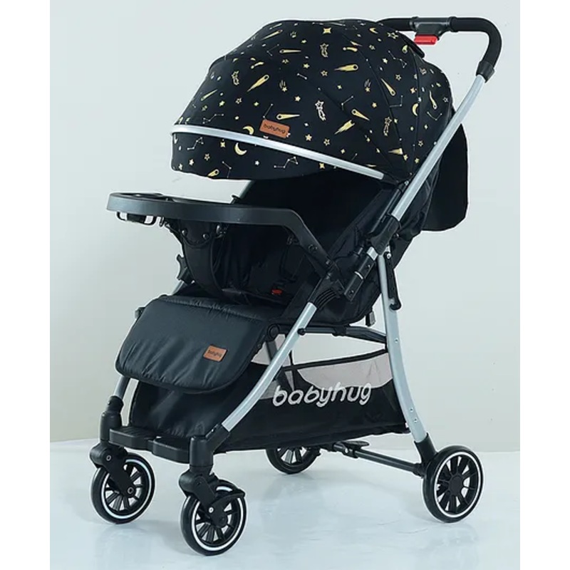 Babyhug Travel Compact Baby Stroller with Food Tray Reversible Handle Adjustable Backrest & Canopy – Black