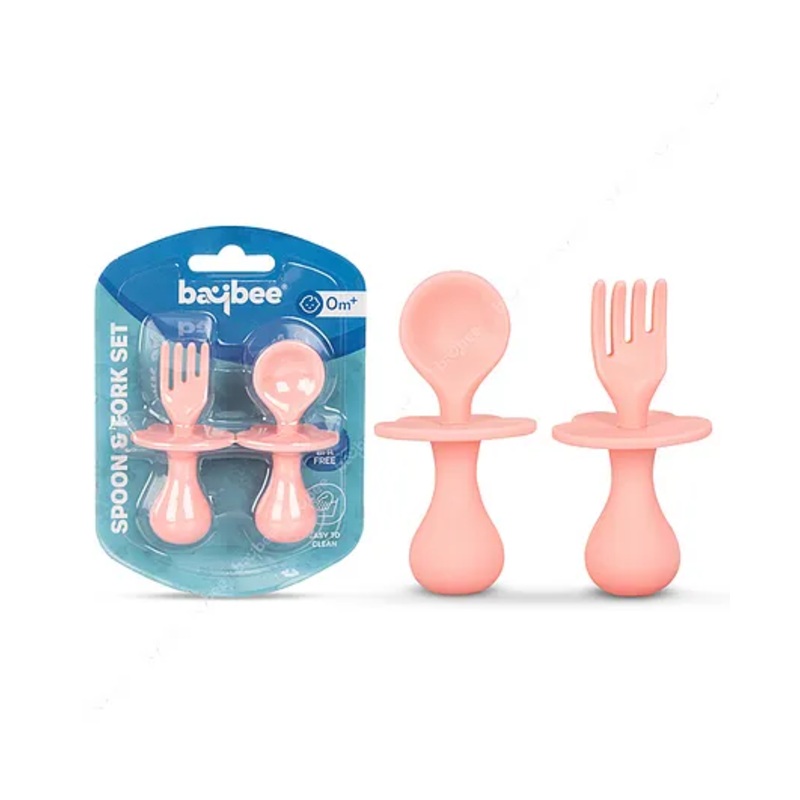 Baybee Silicone Baby Feeding Spoon & Fork Set Non-Toxic BPA Free Training Feeding Spoon Set for toddlers – Pink