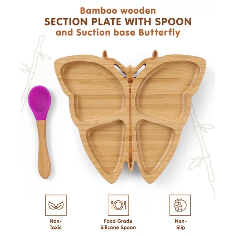 Butterfly Shaped Bamboo Wooden 4 Compartment Section Plate with Spoon – Purple