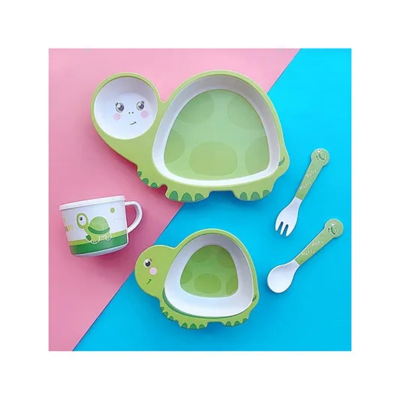 COMERCIO Bamboo Fiber Cartoon Shape Turtle Design Dinner Set Of 5 Pieces – Green