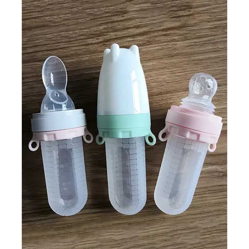 Cozy Vibes Food Grade Silicone Baby Feeding Bottle Food Cereal Rice with Spoon and Nipple Pacifier-Pack of 1-Color May Vary