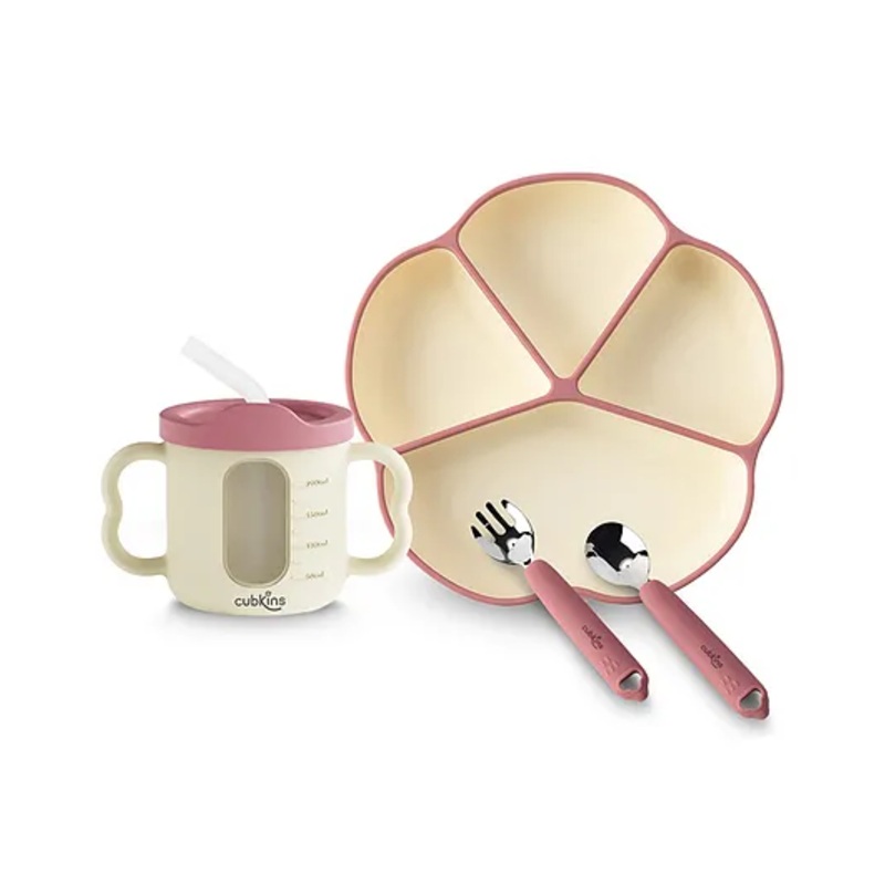 CUBKINS Set of 4 pcs – Plate, Dual Tone Sippy Cup, SS Spoon, SS Fork | Designed for Children | BPA Free, Food Grade, FDA Approved | Easy to Clean (Raspberry)