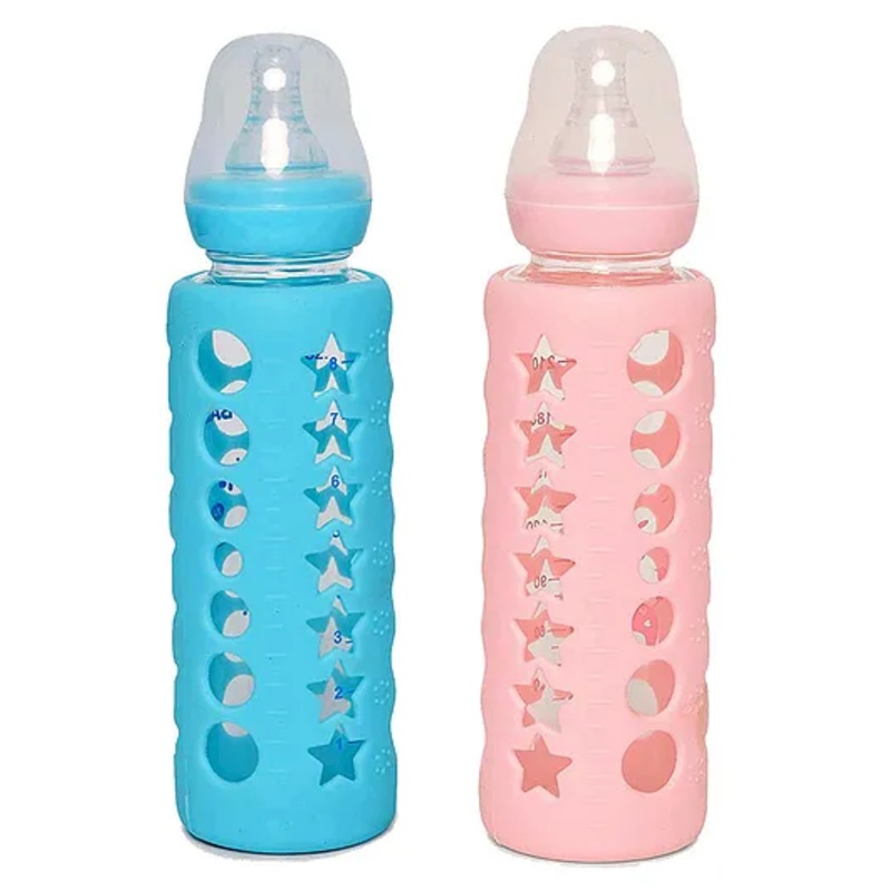 Fantasy India Premium Glass Baby Feeding Bottle Ultrasoft Nipple Multicolour – 240 ml Each