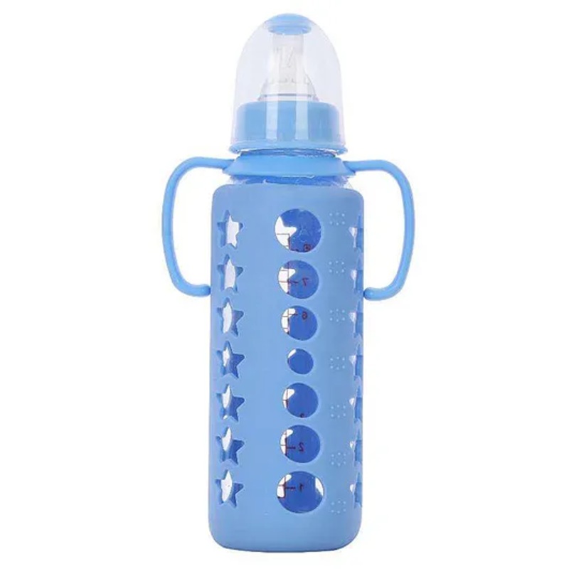 FANTASY INDIA Ultrasoft Nipple Glass Feeding Bottle with Silicone Cover with Handle Blue – 240 ml