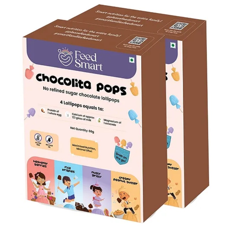 Feed Smart Chocolita Pops | Healthy Lollipop | Creamy Peanut Butter, Rice Krispies, Plain Chocolita, Nutty Gritty Flavours | No Palm Oil | High Protein | No Refined Sugar | 4 Pcs | Pack of 2